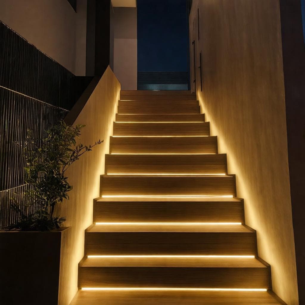 Cầu thang nhà phố hiện đại với dải đèn LED ấm dọc bậc thang, cảm biến hiện diện Aqara FP2 gắn trần, phong cách smart home Việt Nam
