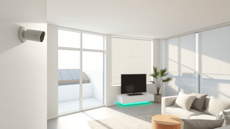 Smart home interior with camera, automated shades, and solar panels - Matter 1.5 concept