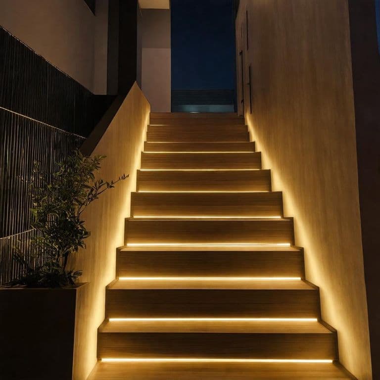 Cầu thang nhà phố hiện đại với dải đèn LED ấm dọc bậc thang, cảm biến hiện diện Aqara FP2 gắn trần, phong cách smart home Việt Nam